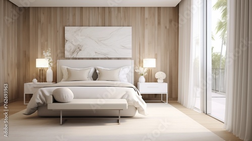 Master bedroom featuring white bedding and driftwood accent wall paneling.