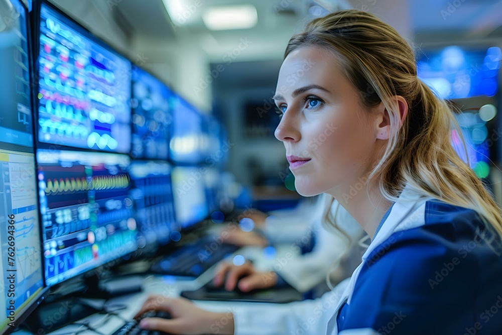 A woman is monitoring data on computer screens in a hospital room. Concept Medical Technology, Healthcare Monitoring, Data Analysis, Hospital Setting, Professional Woman A woman is monitoring data on computer screens in a hospital room. Concept Medical Technology, Healthcare Monitoring, Data Analysis, Hospital Setting, Professional Woman
