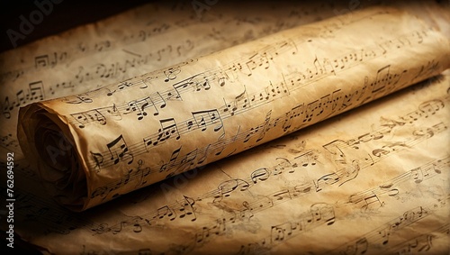 Image captures a rolled sheet of music, positioned on top of more sheets, emphasizing the timeless beauty of musical composition