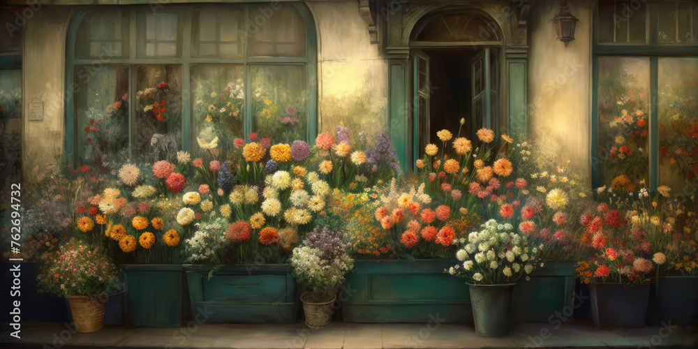 Flower shop in Paris, France. Vintage style toned picture. Flowers in the Windows. Flower shop facade with flowers bouquets. Flower store in Retro Style. Beautiful floral background