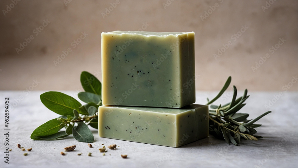 Two stacked artisanal soap bars with natural herbs and a sprig of fresh green leaves on a textured background