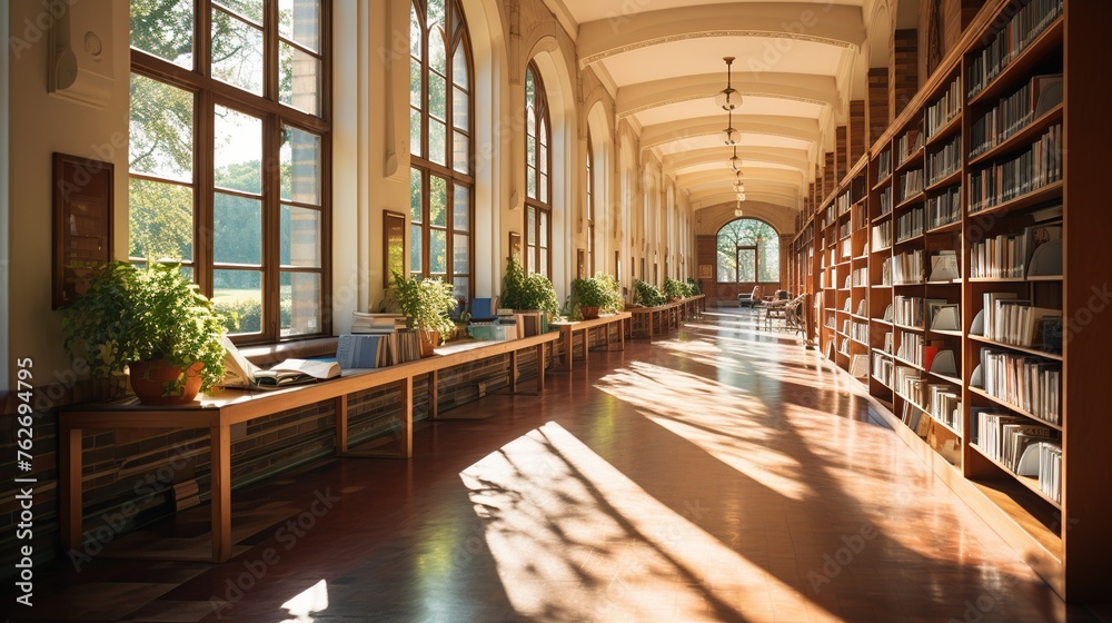 Sunlit corridors in a quiet library, offering tranquility and academic inspiration