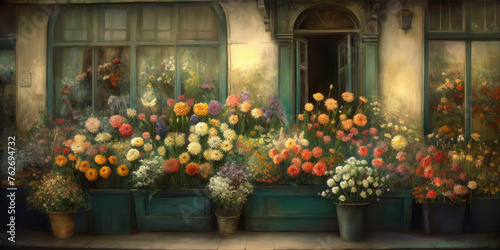 Flower shop in Paris  France. Vintage style toned picture. Flowers in the Windows. Flower shop facade with flowers bouquets. Flower store in Retro Style. Beautiful floral background