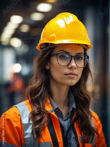 A female industrial worker poses confidently with safety glasses and helmet, exemplifying professionalism and safety