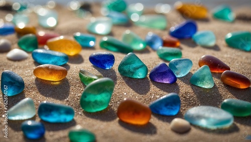 Close-up of smooth, multi-colored sea glass collected along the shore, glittering in sunlight