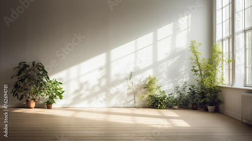 A room with a large window and several potted plants. The plants are arranged in a way that they cast shadows on the wall, creating a sense of depth and dimension. The room feels bright and airy © Bouchra