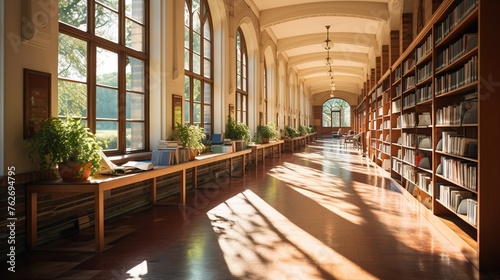 Sunlit corridors in a quiet library, offering tranquility and academic inspiration