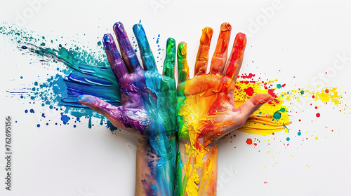 concept of Belonging Inclusion Diversity Equity DEIB or lgbtq,  group of multicolor painted people hands of different cultures and skin, on white background	 photo