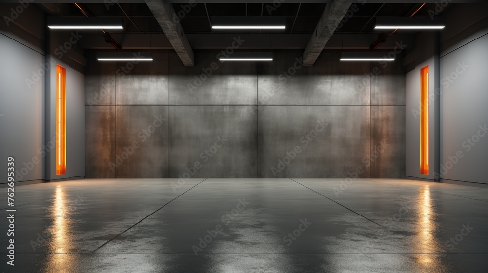 Hall industrial with led lights, grey walls and glossy concrete floor