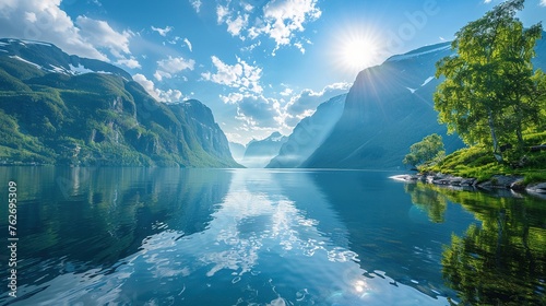 Beautiful nature with blue sky, reflection in water, rocky beach. Portrait landscape of Norway