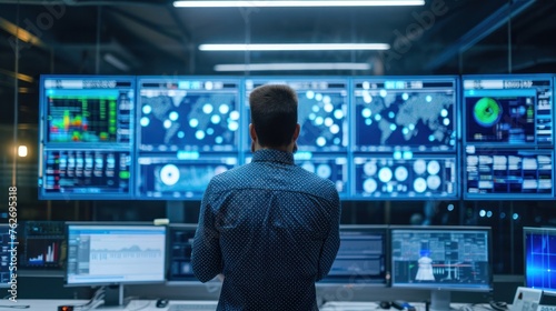 Man Standing in Front of Multiple Computer Monitors Generative AI