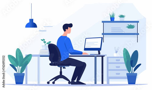 Man freelancer sitting on a chair behind a desk and working on a laptop in the office, vector illustration in blue colors on white background