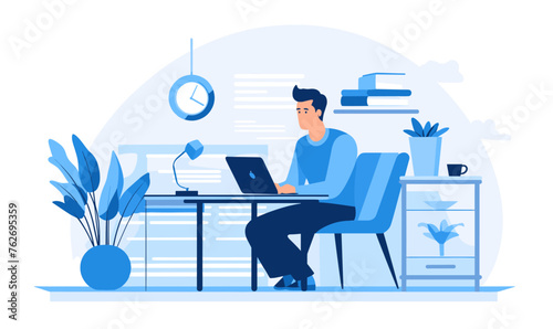 Man freelancer sitting on a chair behind a desk and working on a laptop in the office, vector illustration in blue colors on white background