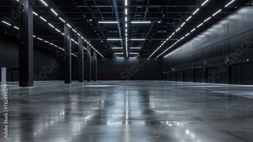 Hall industrial with led lights, grey walls and glossy concrete floor