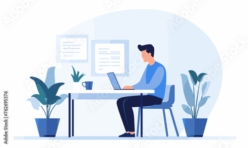 Man freelancer sitting on a chair behind a desk and working on a laptop in the office, vector illustration in blue colors on white background