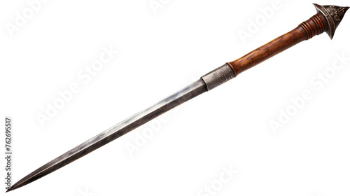 A sword with a wooden handle rests on a white background