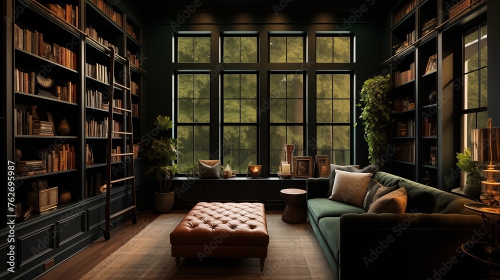 Moody home library with dark green walls, built-in floor-to-ceiling shelving, and cozy reading nook. Moody home library with dark green walls, built-in floor-to-ceiling shelving, and cozy reading nook.