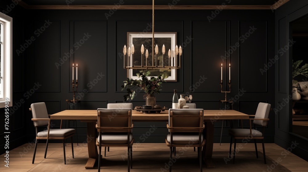Moody formal dining room with black shiplap walls, modern chandelier, and warm wood dining set.