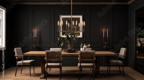 Moody formal dining room with black shiplap walls, modern chandelier, and warm wood dining set.
