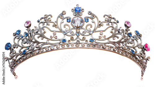 A dazzling tiara adorned with shimmering blue, pink, and white stones