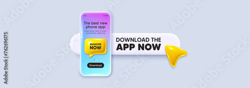 Register now tag. Download the app now. Phone mockup screen. Free registration offer. Create an account message. Phone download app search bar. Register now text message. Vector