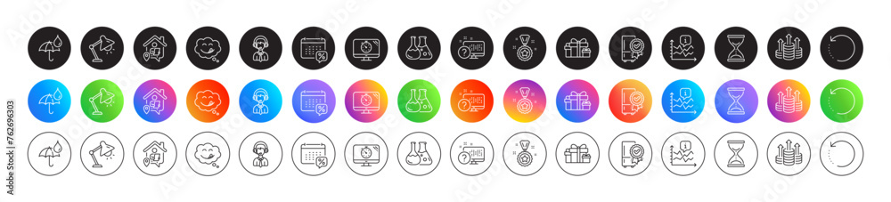 Winner reward, Seo timer and Holiday presents line icons. Round icon gradient buttons. Pack of Work home, Yummy smile, Table lamp icon. Vector