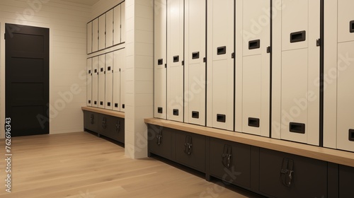Mudroom in pale blondes and whites with matte black powder coated lockers.