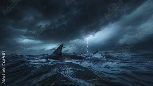 barbatana de tubarão em alto mar com tempestade ao fundo 