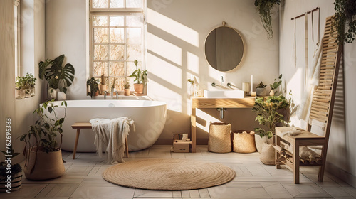 A bathroom with a large bathtub, a sink, and a mirror. The room is decorated with plants and has a natural, calming atmosphere