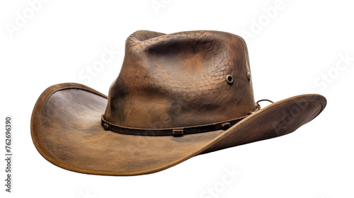 A rustic brown cowboy hat rests on a pristine white background