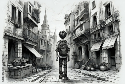 A boy walking the middle of the city of old Italy