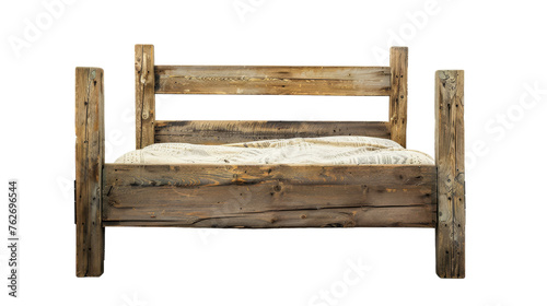 A wooden bed with a white blanket covering it