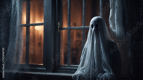 Halloween ghost near window at night 