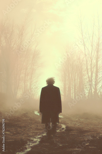 Silhouette of a man in the fog in a forest. Photo in old color image style. Loneliness concept. Ai generative.