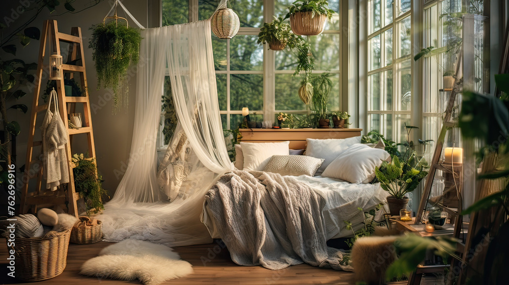 A bedroom with a white canopy bed and a white comforter. The room is decorated with plants and has a cozy, inviting atmosphere A bedroom with a white canopy bed and a white comforter. The room is decorated with plants and has a cozy, inviting atmosphere