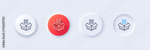 Qr code line icon. Neumorphic, Red gradient, 3d pin buttons. Scan barcode sign. Check delivery symbol. Line icons. Neumorphic buttons with outline signs. Vector