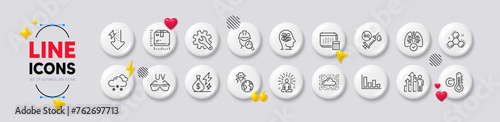 Yoga, Fraud and Customisation line icons. White buttons 3d icons. Pack of Employee results, Sunglasses, Energy drops icon. Electricity price, Snow weather, Anxiety pictogram. Vector