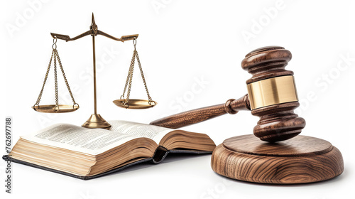 A gavel, scales of justice and book isolated on the white background