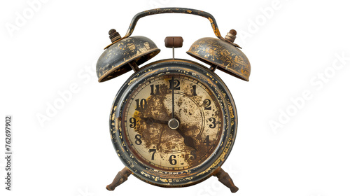 An antique alarm clock with classic design elements, ticking away on a plain white backdrop