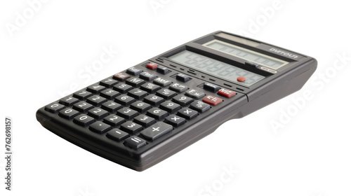 A calculator rests gracefully on a sleek white surface