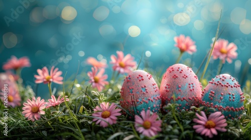  A collection of pink and blue eggs resting atop a verdant field of daisies and daisies