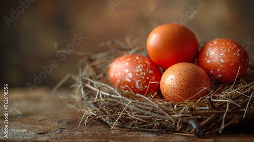 A stack of eggs on top of bales of hay on a wooden table near a window © Nadia