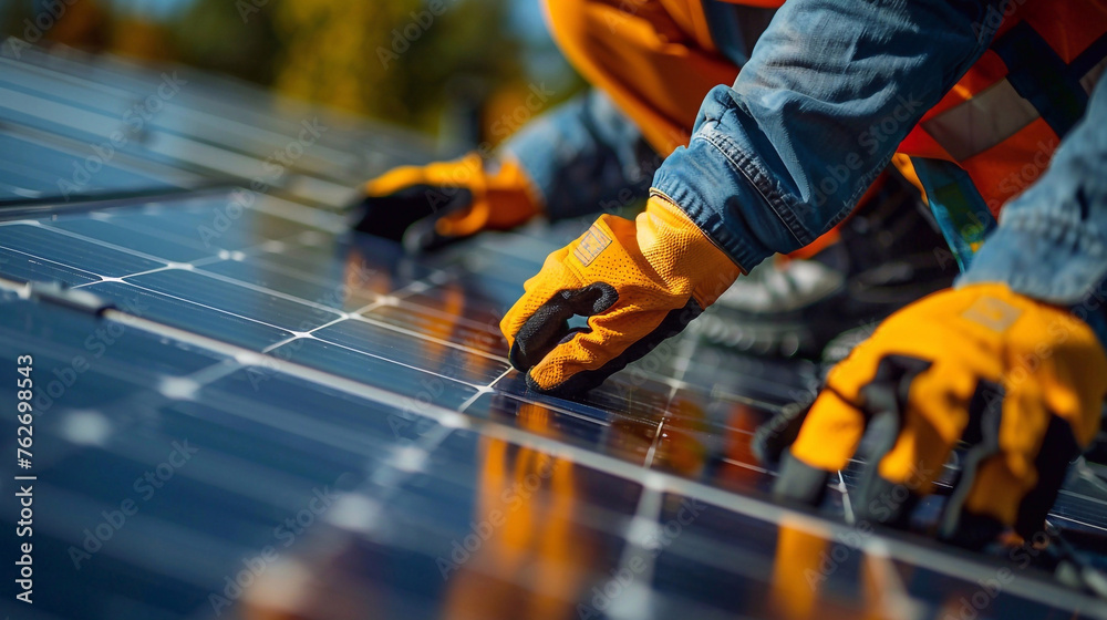 A technician in yellow gloves installing photovoltaic solar panel system on the rooftop. Alternative energy concept. A technician in yellow gloves installing photovoltaic solar panel system on the rooftop. Alternative energy concept.
