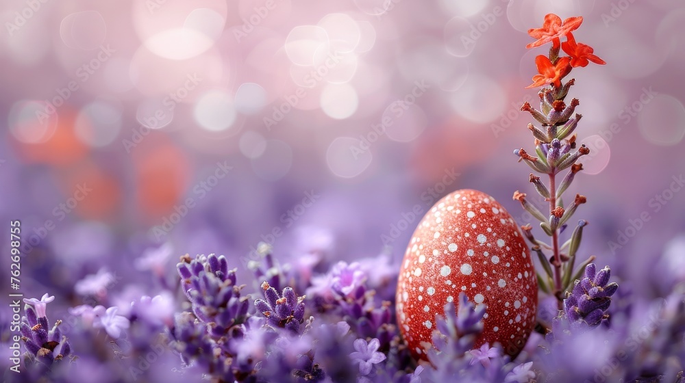  A picture of an egg among flowers, with a prominent red blossom beside it