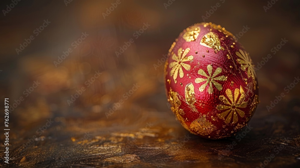 A golden egg with red decorations rests atop a wooden table, beside a tablecloth adorned with gold flecks A golden egg with red decorations rests atop a wooden table, beside a tablecloth adorned with gold flecks