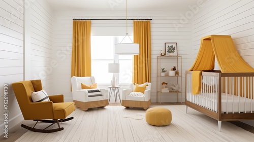 Nursery with white shiplap walls and deep ochre mustard canopy crib.