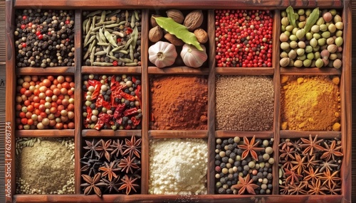 Fototapeta Naklejka Na Ścianę i Meble -  Vivid spice palette with assorted spices in artistic bowls and containers, vibrant presentation