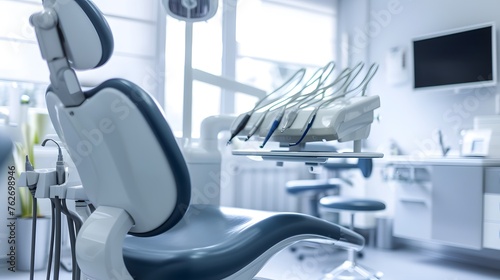 Modern Dental Clinic interior background. Dentist chair and other accessories used by dentists. For website, banner, ad. 