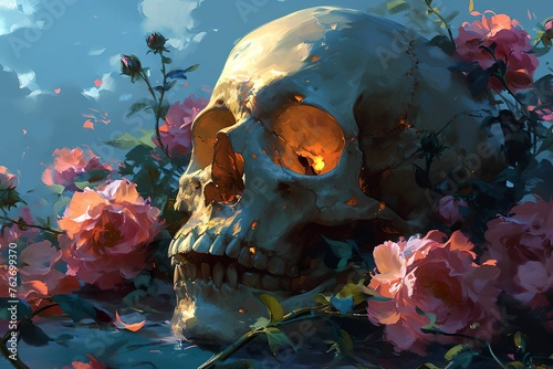 Skull Artworks with vibrant shiny Colors and Flowers, Abstract Art © AIDigitalMediaAgency