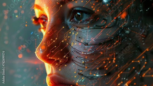 Illustration anatomy human face with digital circuit technology. AI generated © prastiwi